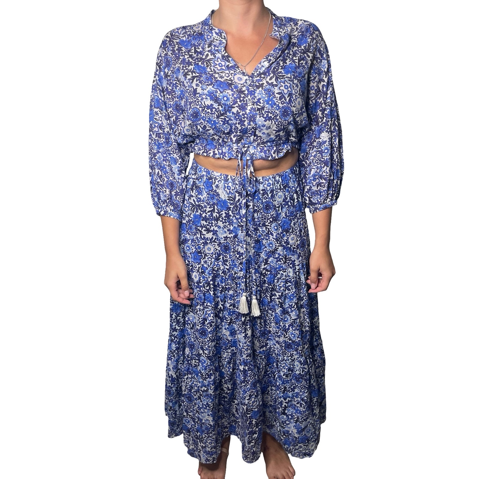 Cara Cara Blue Floral Top And Maxi Skirt Set Sz S